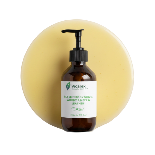 Vicarex Silk Skin Body Serum – Woody Amber & Leather | Hyaluronic Acid, Jojoba & Rosehip Oil | Deep Hydration, Silky Smooth Skin | 270 ML / 9.13 FL OZ VICAREX