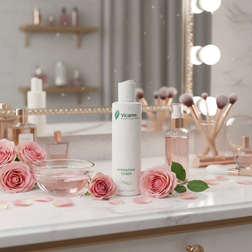 Toner on makeup vanity with pink roses and lights