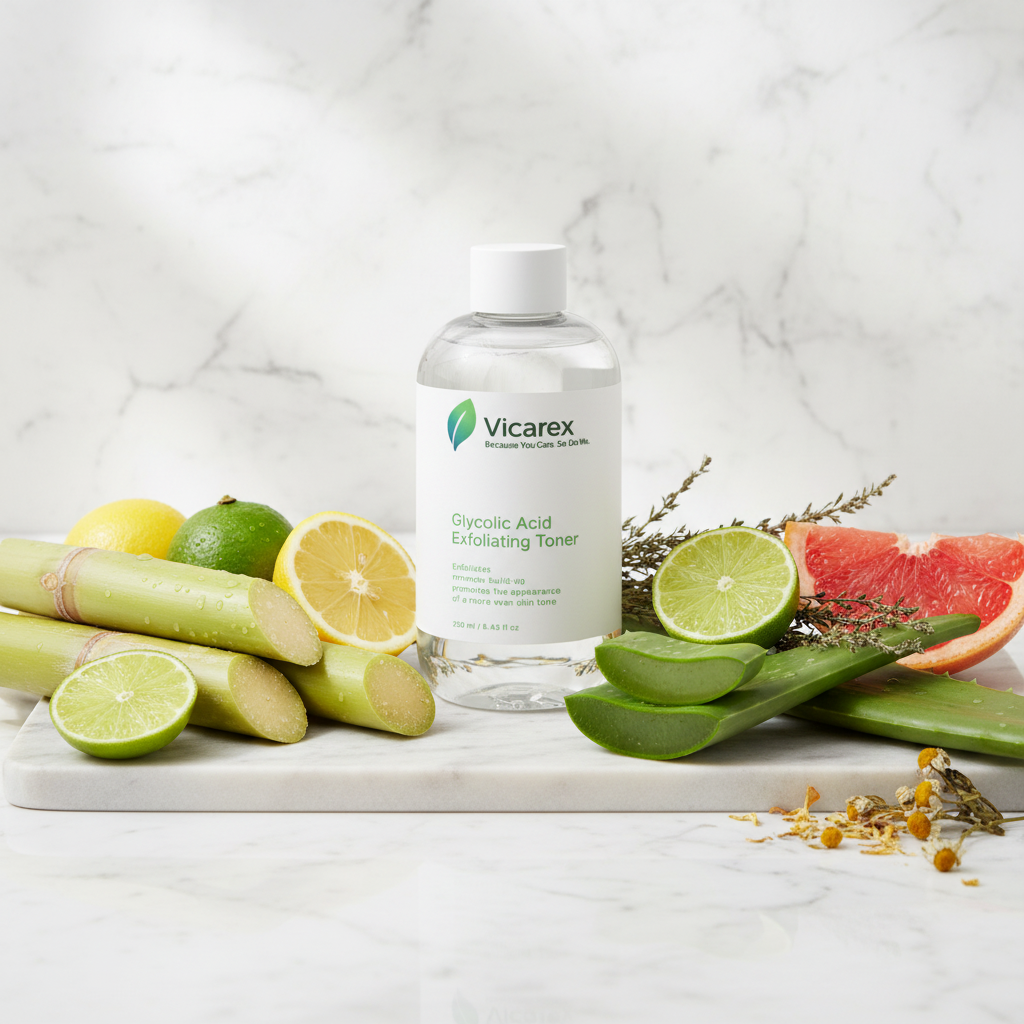 Toner on marble with exfoliating ingredients