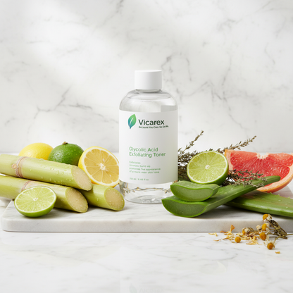 Toner on marble with exfoliating ingredients