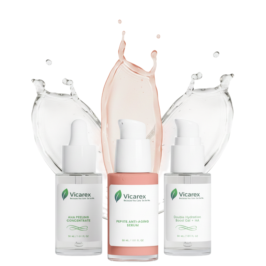 Vicarex Ultimate Renewal Kit – AHA Peel, Peptide Serum & Hyaluronic Acid | 3-Step Anti-Aging Set Vicarex