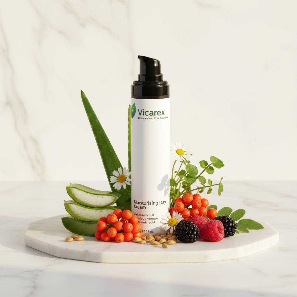 Vicarex Moisturising Day Cream – Hero with Ingredients at Base