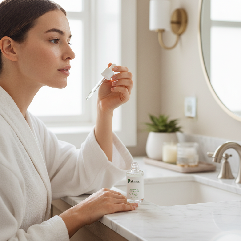 Woman applying AHA peeling concentrate with glowing skin