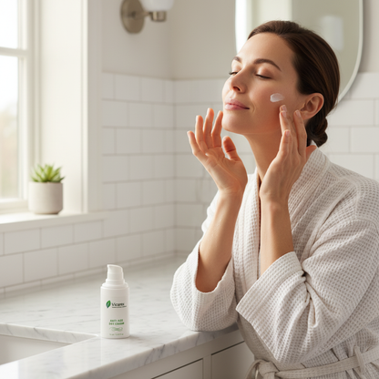 Woman applying anti-age day cream