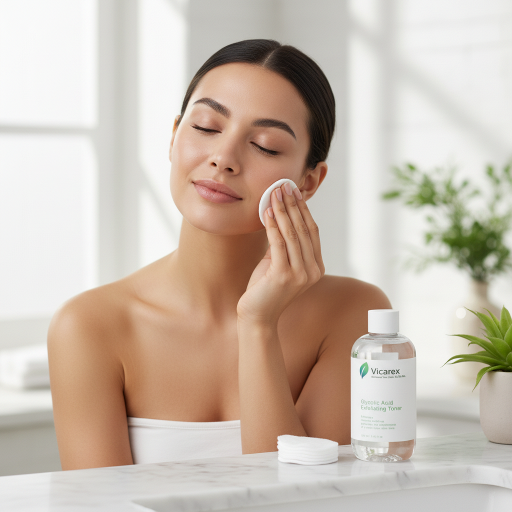 Woman applying glycolic acid toner with cotton pad