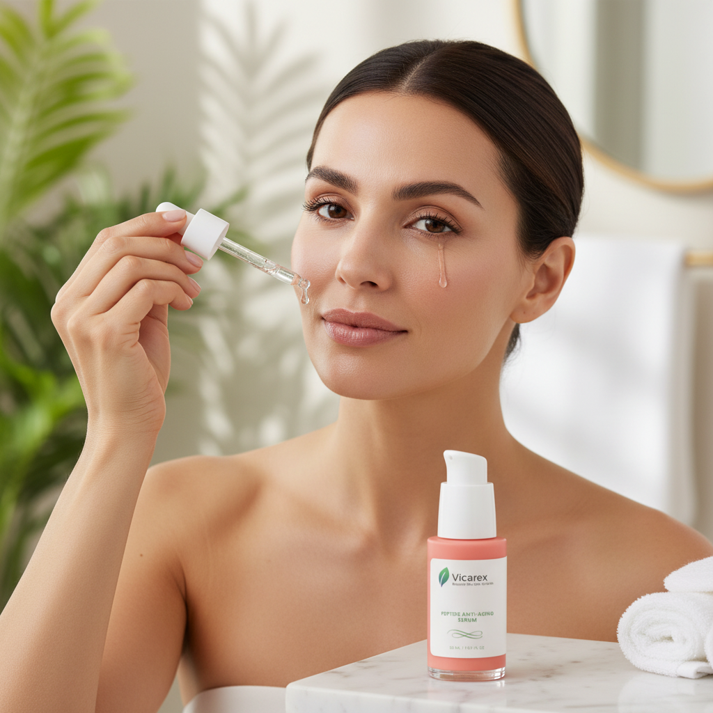 Woman applying peptide anti-aging serum