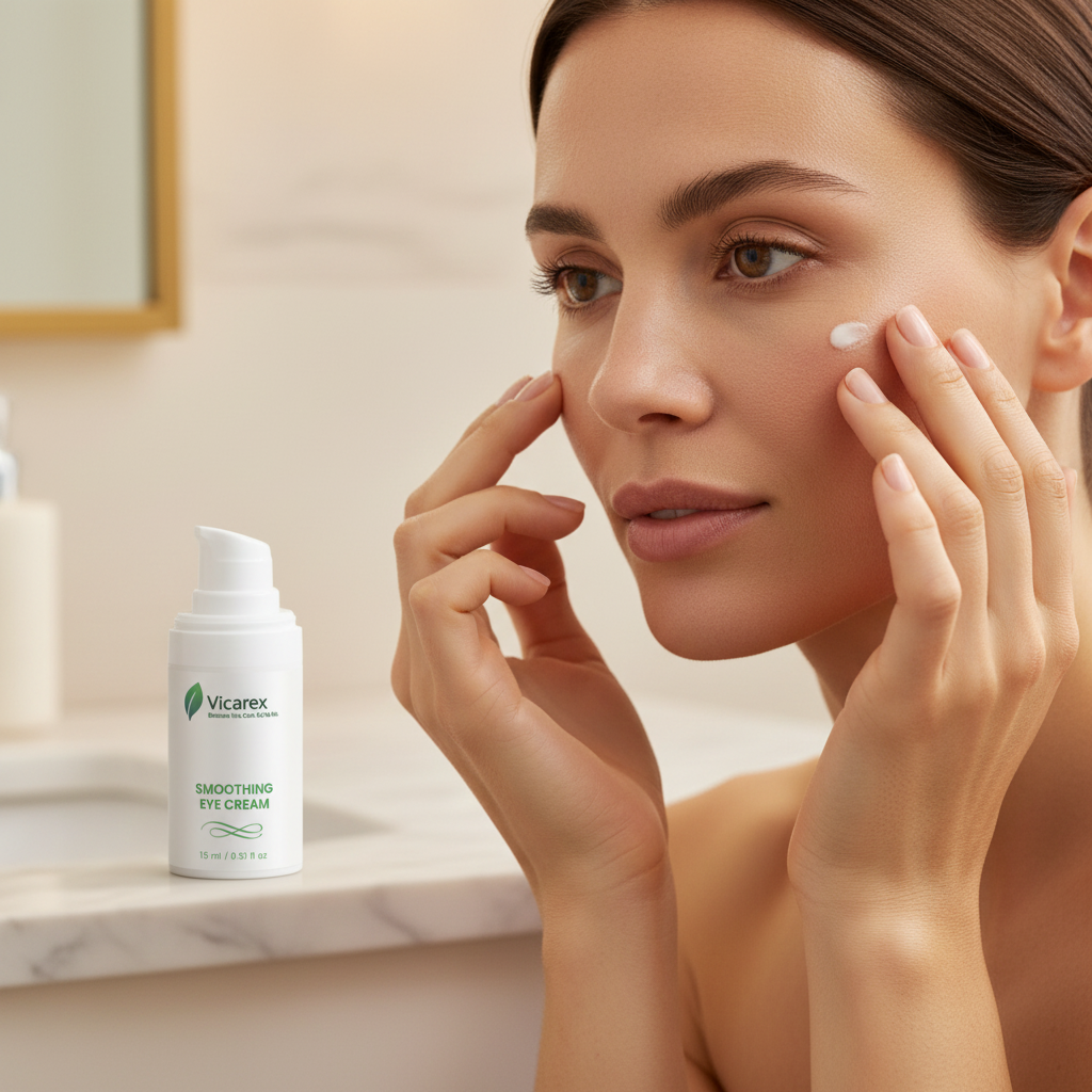 Woman applying smoothing eye cream