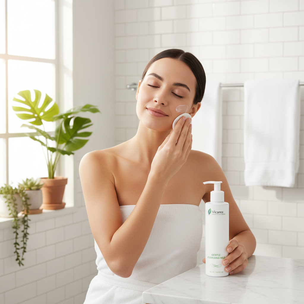 Woman using cleansing milk in elegant bathroom