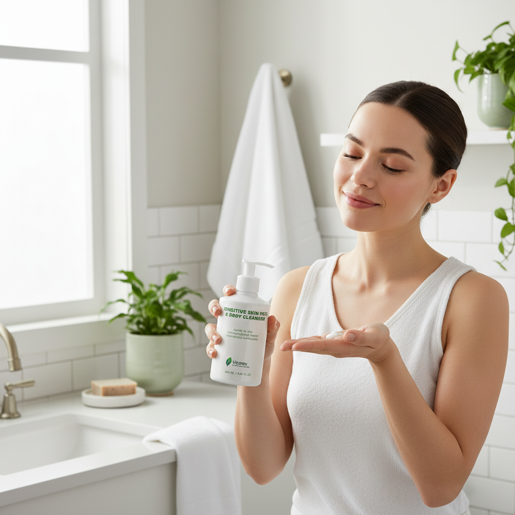 Woman using sensitive skin cleanser